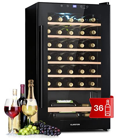 Klarstein Frigorífico para vino y bebidas, frigorífico estrecho de 1 zona, con puerta de cristal, refrigerador para bebidas independiente, frigorífico para vino pequeño, refrigerador de vino con