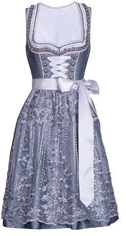 Kelliar Dirndl Damen, Trachtenkleid Dirndlkleid Midi Tracht Damen Lang Trachtenrock Trachtenmode Kleider Grau Trachtenkleid Polyester mit Spitzenschürze Dirndl für Oktoberfest Größen 38