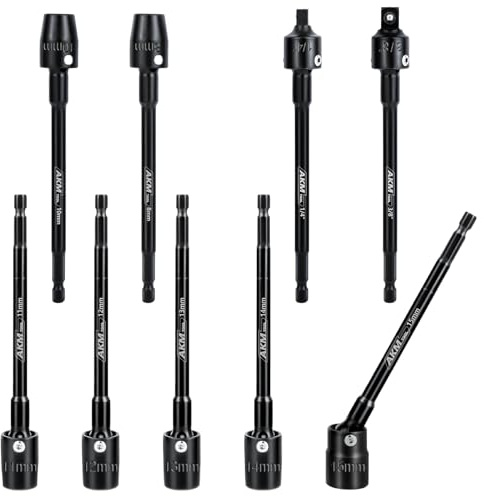 AKM TOOL 9-Piece Long Universal Nut driver set, 6 inch 360°Rotatable Hex Shank Impact Driver Socket Adapter Impact Socket Adapter 150mm 3/8 1/4 Cr-V Metric