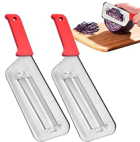 2 Stück Kohlzerkleinerer Shredder Slicing Cutting Sauerkraut Cutter Reibe, zwei scharfe Edelstahlklingen für Sauerkraut Krautsalat Mandoline Slicer mit Silikon-Fingergriffen Schäler