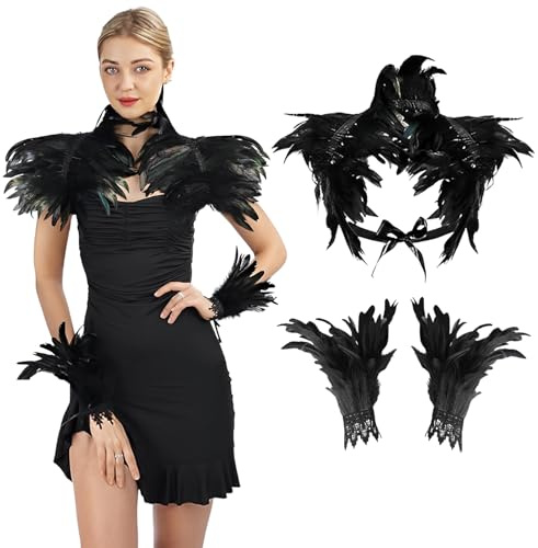 Federkragen mit Feder-Manschetten Schwarzer Federumhang Maleficent Kostüm Damen Gothic Federrock Pfau für Halloween Karneval Maskerade-Cosplay