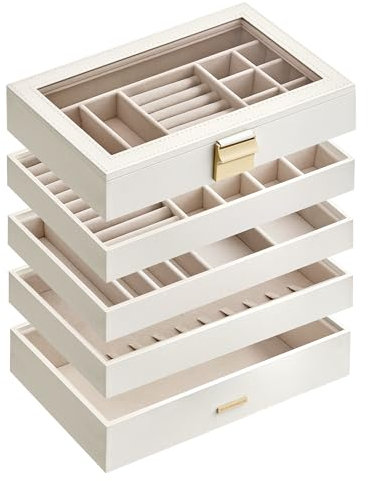 SONGMICS Stackable Jewellery Trays, 5-Tier Jewellery Box, Large Jewellery Case, Clear Glass Lid, 17 x 28 x 21.8 cm, for Dressing Table, Gift Idea, Cloud White JBC194W01