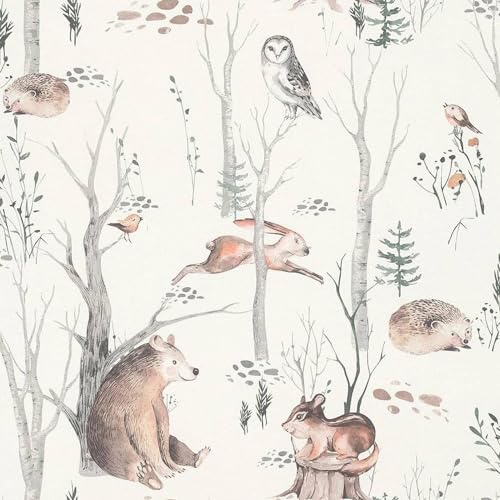Kids Woodland Walk Wallpaper - Animal Print Naturistic Birds Bear Hedgehogs Trees Leaves - Paste The Wall