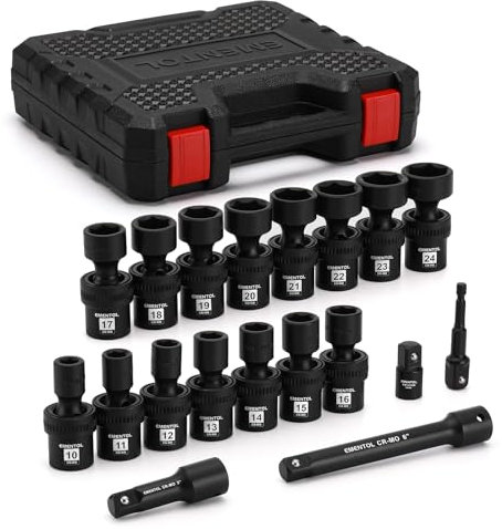 EMENTOL 19PCS 1/2 Drive Standard Universal Impact Socket with Extension Bars and Adapters Set, 6 Point, Metric, 10mm - 24mm, Ext. Bar, 1/4-1/2 Drill Adapter