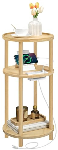 HOOBRO Small Round Side Table with Charging Station, 3-Tier Round Bamboo End Table, Compact Sofa Bedside Table for Small Space, Easy Assembly, for Living Room, Bedroom, Apartment, Natural YL152UBZ01