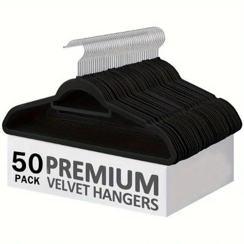 Tento Home 50 Stück Schwarz - Samt - Anti-Rutsch-Kleiderbügel rutschfest Anzugbügel - Samtbügel inkl Krawattenhalter Kleiderbügel 360° Silver Rotation