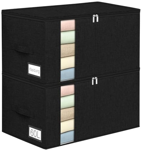 60L Aufbewahrungsboxen 2er-Set für Bettdecken, Decken, Bettwäsche und Kleidung, faltbare formstabile Stoffboxen mit Seiten-/Bodenverstärkung, Doppelreißverschluss, Sichtfenster, stapelbar, Schwarz