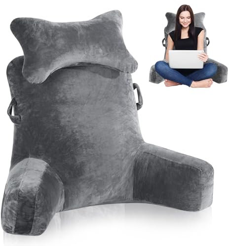Suewidfay Lesekissen im Bett für Erwachsene, 90x80cm(LxH) Extra groß Rückenkissen zum Lesen mit Abnehmbarer Nackenrolle und Stützarm zum, Komfortkissen Lesekissen für Bett Couch oder Boden-Rückenlehne