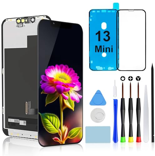 Pantalla para iPhone 13 Mini 5,4 FHD COF LCD Repuesto Táctil Ensamblaje | Pantalla Retina LCD FHD, Tacto Fluido, Face ID y Apta para Gafas de Sol, Incluye Kit, Cristal Templado y Sello Impermeable