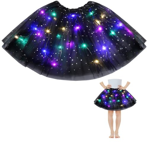 AYBUY Jupe tutu en tulle pour filles avec lumière LED, jupe tutu en tulle avec doublure, robe de ballet épaisse, robe de festival élastique pour Halloween, Noël, carnaval, fête costumée (noir)