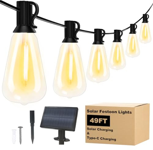 Spacelumen 15M Outdoor Festoon Lights Solar Powered with 17+1 ST38 LED Bulb | Shatterproof Outside Patio String with 3 Modes, Waterproof Solar String Lights Outdoor Garden for Outside Garden Backyard