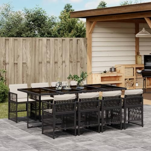 IKAYAA Gartenmöbel Set Rattan 8 Personen Garten sitzgruppe 8 Personen Gartentisch Set mit 8 stühlen Gartengarnitur Sitzgarnitur Essgruppe mit Kissen-Schwarz und Creme-9-tlg-Typ 2
