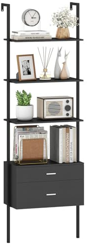 COSTWAY 6-Tier Ladder Shelf with 2 Drawers, 184cm Tall Wall Bookshelf Open Display Rack, Metal Frame Wooden Wall Mounted Bookcase Storage Shelving Unit for Living Room Bedroom Office (Black)