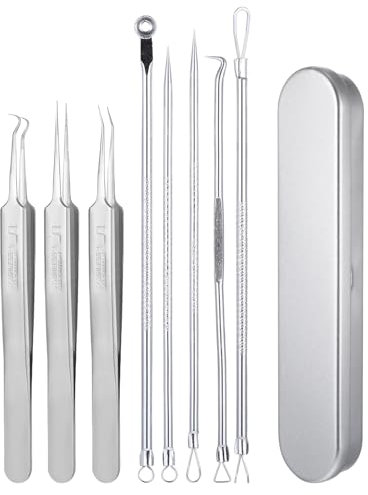8 pieces blackhead tweezers, tweezers, blackhead remover, tweezers set, lancets with metal housing, comedone squeezer, splinter tweezers, skin curette for facial cleansing, pore cleaner, face