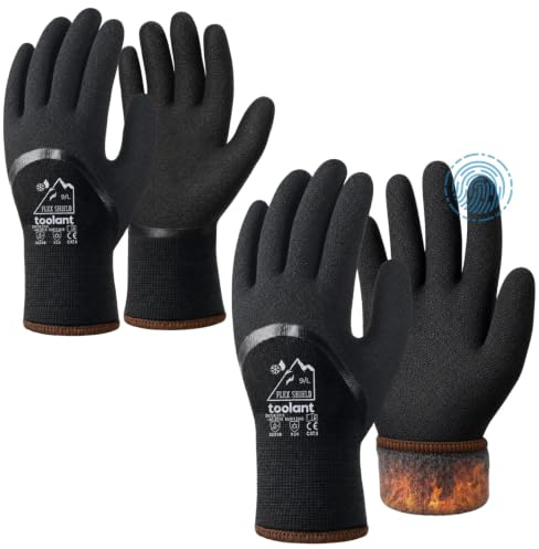 toolant 3/4-Coated Winter Work Gloves for Men & Women, 2 Pairs, Black, L | Waterproof Freezer Gloves, Dual-Layer Latex Coating, Thermal Insulated, Grip, Touchscreen, for Snow Removal, Winter Work.