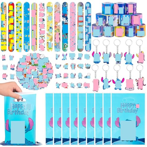 Niaetuto 82PCS StichSS Cadeau Invite Anniversaire Enfant,Pinata Anniversaire Fille,Petits Cadeaux Anniversaires avec 50 Autocollants,12 Bracelet,10 Porte-clés,10 Sacs