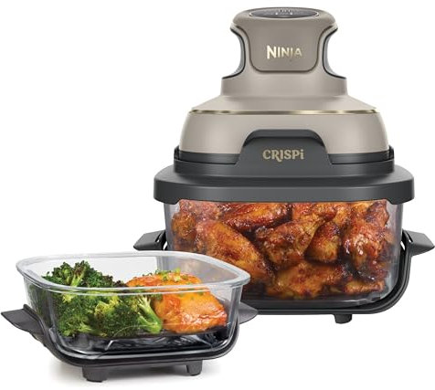 Ninja CRISPi Friteuse sans huile portable, 3,8L, 4-en-1 : Frire sans huile, Rôtir, Garder au chaud, Recroustiller, Design compact, 2 récipients avec couvercles, 1 700 W, Stone/or FN101EUSTGD