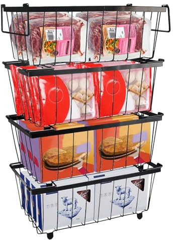 Clyfanesy 4 Piezas Cesta para Congelador, Metal Organizador Apilable Organizador Nevera con Plegable Asas para Congelador para 141-198L, Organizadores Arcon para FrigoríFico Mueble Cocina (Negras*4)