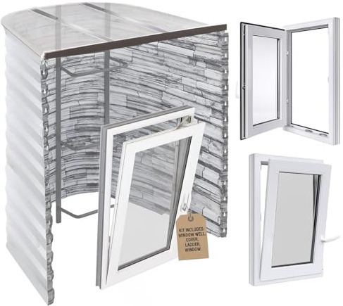 Egress Window Well Kit - 42L x 36W x 48D - Tuffwell Metal Complete Kit Includes Tilt & Turn Casement Basement Window, Polycarbonate Well Cover, Egress Ladder, Stoneview 19 Gauge Steel Area Wall