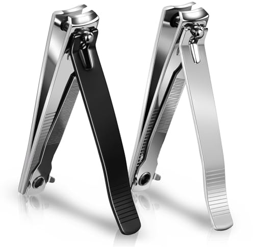 DESIOLE Lot de 2 grandes pinces à ongles pointues en acier inoxydable avec lime à ongles, outils de manucure pour hommes et femmes, couleur noire et argentée