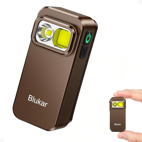 Blukar Mini Lampe Torche LED Rechargeable 800L,5 Modes&3 Sources de Lumière | Mini EDC Lampe de Poche à Clip Ultra Puissante, IPX6 Étanche, Longue Durée& Portable Torche pour Camping/Randonnée,Marron