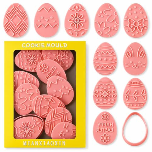 Ausstechformen-Set, Osterei, 10-teilig, 3D Kunststoff | Wiederverwendbare Ausstecher und Stempel für Kekse, Plätzchen, Fondant und Gebäck – klare Formen