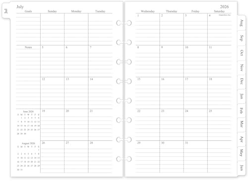 Recharge pour planificateur mensuel 2026-2027, format A5, inserts de planificateur de taille moyenne pour disques à 8 disques, 14 x 21,6 cm, juillet 2026 à décembre 2027, 18 calendriers mensuels avec
