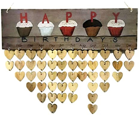 Calendario compleanno famiglia, placca in legno, promemoria compleanno, da appendere alla parete, con decorazione a forma di cuore