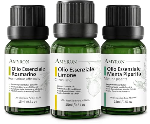 Set 3 x 15 ml Oli Essenziali Energizzanti AMYRON – Menta Piperita – Limone – Rosmarino– Naturali E Puri AL 100% – Ideale Per Aromaterapia – Diffusore Oli Essenziali – Massaggi – Uso Alimentare