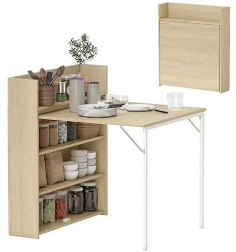HOMCOM Folding Dining Table for 3 People, 4-Tier Shelves, Oak Wood Effect