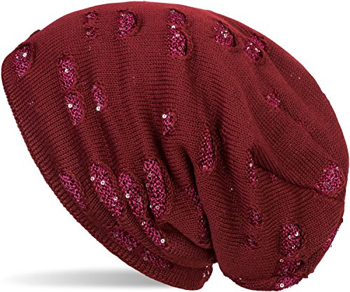 styleBREAKER Varm finstickad beanie mössa med destroyed paljetter utseende och mjukt fleecefoder slouch lång beanie, dam 04024127, Bordeaux-röd, En Storlek