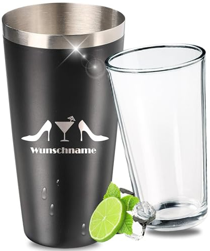 elasto Din egen coola personliga cocktailshaker med gravyr och blandningsglas rostfritt stål Boston Shaker med namn och coola motiv, köldskydd, halkfri beläggning 700 ml svart (ladyshaker)