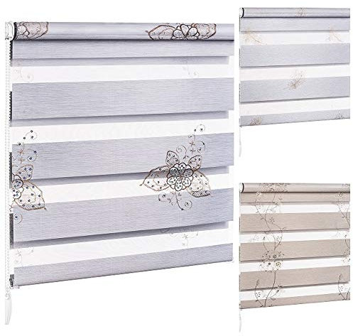 KSHANDEL24 DOPPELROLLO Blumen Schmetterling Feder MIT Pailletten UND GLANZFASER Kupfer GRAU Gold Natur (Schmetterling Grau Kupfer Pailletten BH2612, 75x150 cm)