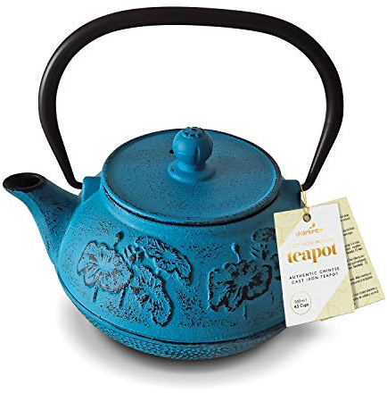 Charbrew Blue Floral Chinese Cast Iron Teapot with Stainless Steel Tea Infuser (900ml/4.5 Cups)