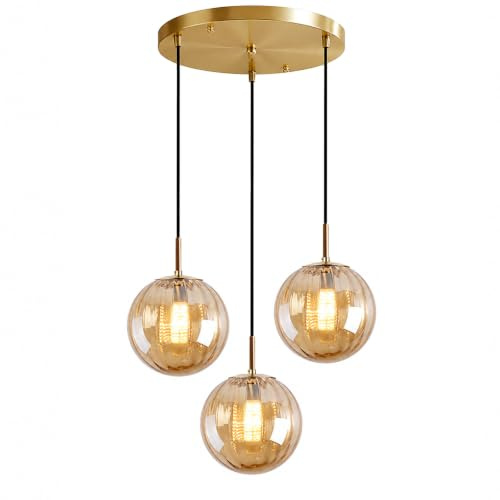 LFsem 3 Lights Pendant Light Ø15cm Amber Glass Globe Ceiling Light Modern Simple Hanging Lamp E14 Loft Chandelier Decoration Lighting Fixtures (Amber)