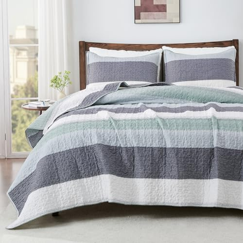 Andency King Size Quilt Set Sage Green, 3 Pieces Mint Green Ultra Soft Lightweight Bedspreads & Coverlets Set, Patchwork Striped Quilted Bedding Sets for All Seasons (1 Quilt, 2 Pillow Shams)