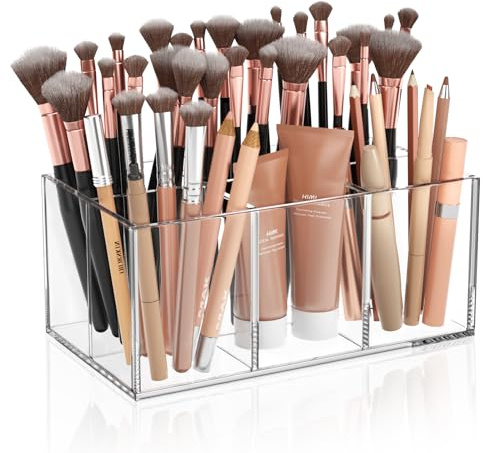 HIIMIEI Clear Makeup Brush Holder Organizer Acrylic 6-Slots Cosmetic Brushes Storage Organizer for Vanity Countertop