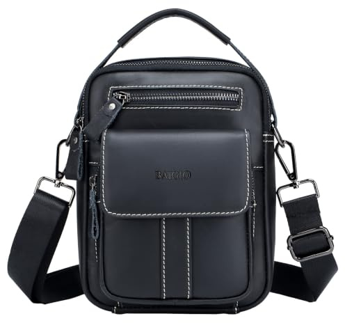 BAIGIO Kleine Umhängetasche aus echtem Leder für Herren, Umhängetasche für iPad, Mini, Handtasche, Herren, Geldbörse für den täglichen Gebrauch, Schwarz, Medium