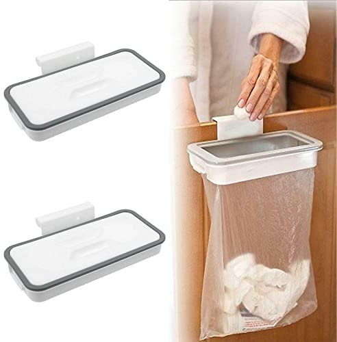Cubo de basura colgante, 2 soportes de basura para puerta del armario con tapa para colgar cubos de basura de cocina, estante de basura portátil para colgar basura de plástico, color gris