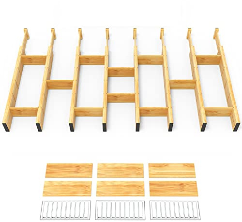 SpaceAid Bamboo Drawer Dividers with Inserts and Labels, Kitchen Adjustable Drawer Organizers, Expandable Organization for Home, Office, Dressers and Bathroom, 8 Dividers with 18 Inserts (17-22 in)