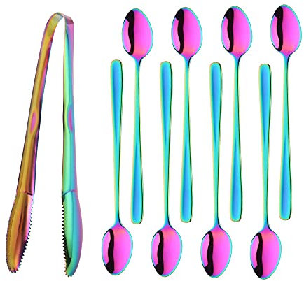 YDware Lot de 8 cuillères à latte macchiato multicolores et pince à glace 1 pièce, 20 cm – Cuillères longues pour cocktails et desserts en acier inoxydable 304 Passe au lave-vaisselle