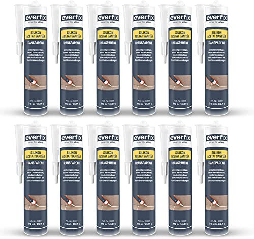 EVERFIX Sanitär Silikon Acetat transparent (310 ml, 12 Stück) für Bad, Dusche und Küche zum Abdichten und Verfugen für außen und innen, schimmelresistent, pilzhemmend, wasserdicht