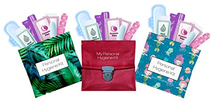 3 x Menstrual All-in-One Kits - Assorted Colors | Convenience on The Go | Single Period Kit Packs | Individually Wrapped Feminine Hygiene Products (Green Ferns/Red Purse/Under The Sea)