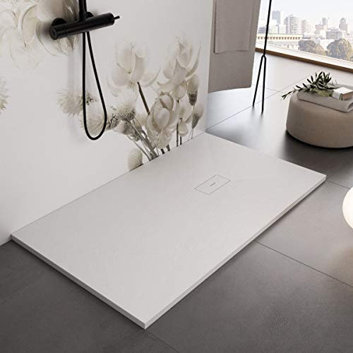 Luminosa ArredoBagno Duschtasse aus Marmorfaser 100 x 140 cm – Anti-Rutsch-Steinoptik mit GELCOAT – Modell Dubai, Farbe Weiß – Gitter und Abflussgarnitur im Lieferumfang enthalten