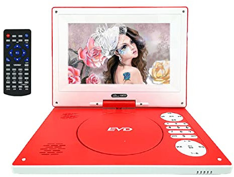 ZXNQ Lecteur CD Portable 12 Pouces, Lecteur vidéo HD VCD/EVD, Batterie 3000MA, entrée/Sortie AV, Lecture USB/TF,Rouge