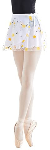 Daydance White Women Ballet Skirts Lace Wrap Sheer Chiffon Dance Skirt with Embroidery, 2 Layerss