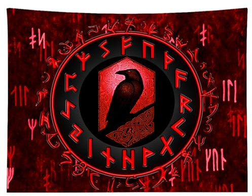 Arsey Nordische Wikinger Wandteppich Mythologie deko, Roter Wandbehang Rabe Meditation Runen Gotische wall tapestry wandtuch wanddeko aesthetic schlafzimmer (200cm x 150cm)