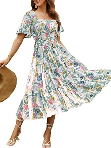 Amegoya Women's Boho Summer Floral Midi Dress Flowy Tiered Flutter Sleeve Square Neck Smocked Maternity Dress (Flower M)
