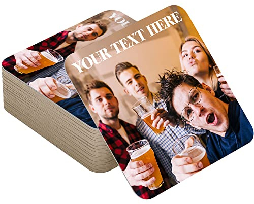 Unique Photo Coasters Drinks Mats - 48 pack off Personalised Beer Mats Add Own Photo and Best Quotes Square Mug Mat - Photo Print Cup Coaster Table Coasters Ideal for Home, Bar, Cafe and Restaurant