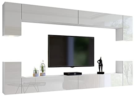 BROMARKT Premium Wohnwand Wohnzimmer Set 8 Teile – Wohnzimmer Schrank - Wohnzimmer Möbel mit Wandschrank – Wohnwand Modern - Wohnzimmerschrank Komplett Möbel - Hochglanz Weiß